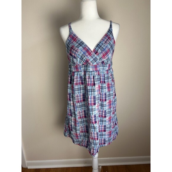 Faded Glory Vintage Plaid Dress Size 12 Madras Blue Gingham Patchwork Mini Wrap - Picture 1 of 5